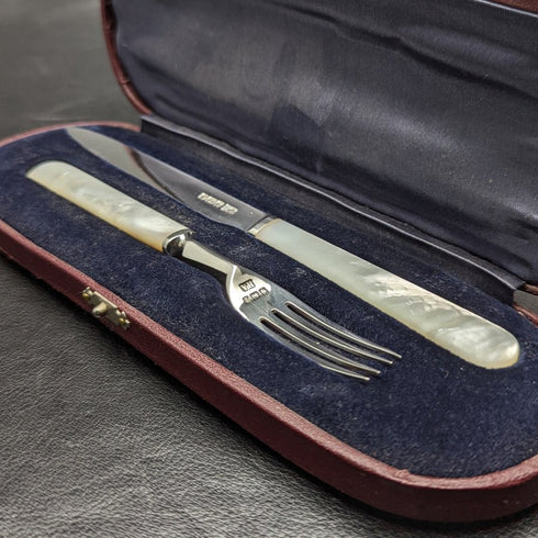 1915 British Antique Fruit Cutlery Set Sterling Silver Blade White Pearl Shell Handle BOX②